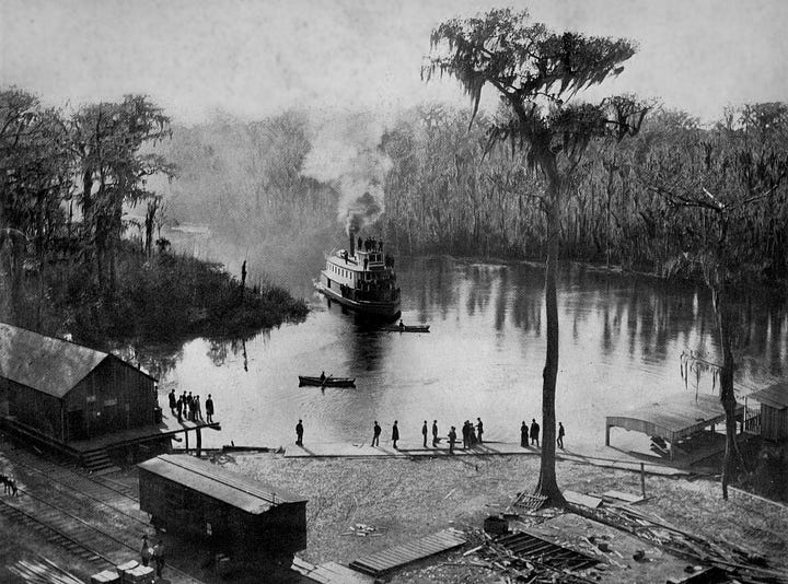 Steamboat and railroad at Silver Springs in 1886 Image; George Barker (1844–94) - “Florida and Nassau in Sunlight Pictures” Public Domain Commons Wikipedia | Ocklawaha riverboat | Photograph c1902., Library of Congress Prints and Photographs Division. | Author Jackson, William Henry, 1843-1942, photographer. Detroit Publishing Co., copyright claimant, publisher | Public Domain