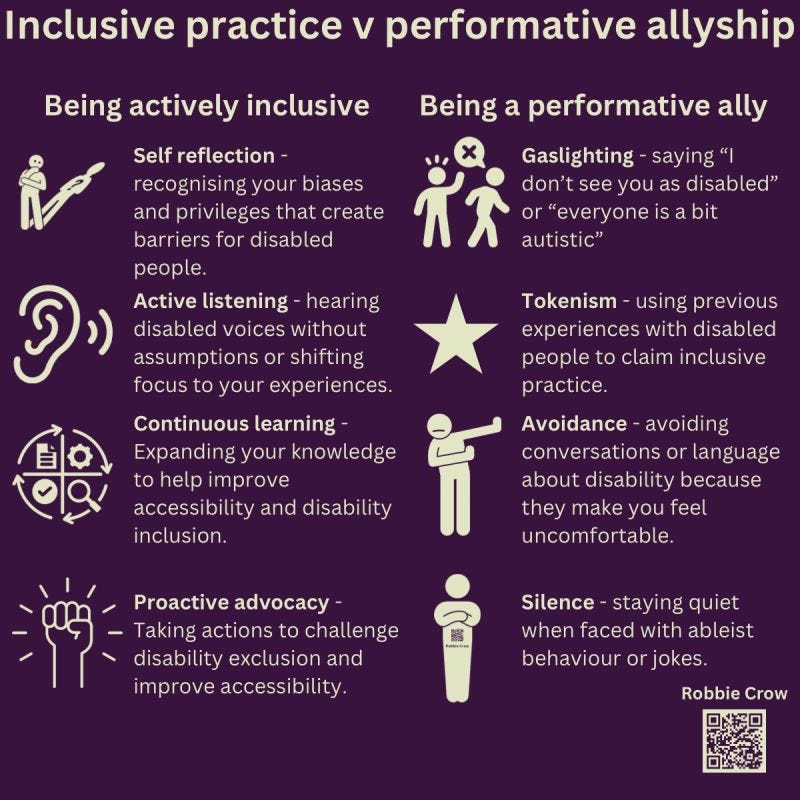 Two-column infographic on a dark purple background. Left column “Being actively inclusive”: self-reflection, active listening, continuous learning, proactive advocacy. Right column “Being a performative ally”: gaslighting, tokenism, avoidance, silence. By Robbie Crow.