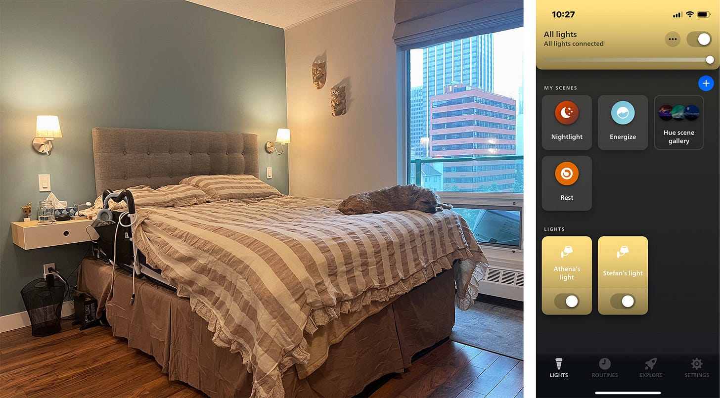Left: Bedroom in shades of light grey, beige and tan. On the blue accent wall are two lit wall sconces. The bed has a tan and beige striped bedspread with a grab bar situated on the side. Right: Screencap of the phone app the shows the controls for the wall sconces.