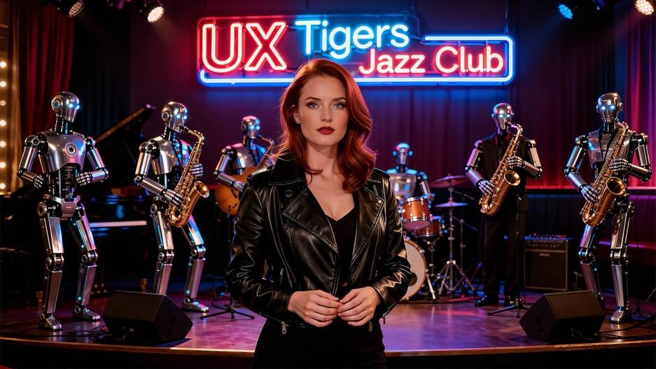 A person in a leather jacket with a band behind her