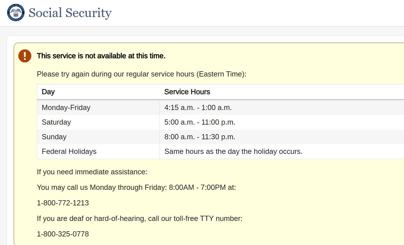 Screen capture of a message saying the Social Security website is not available at this time. 