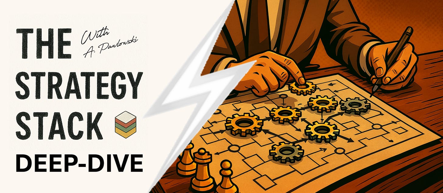 Illustration of a strategist in a suit arranging interconnected blocks and arrows on a table, symbolizing multidimensional network effects and platform strategy, drawn in a vintage comic-book style.