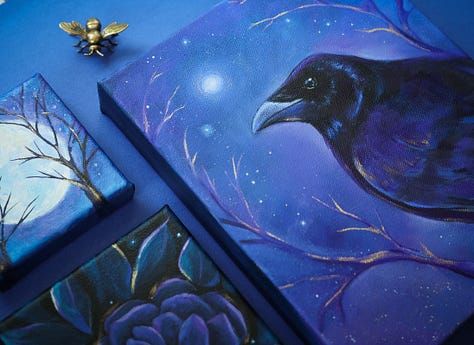moon painting crow painting purple painting