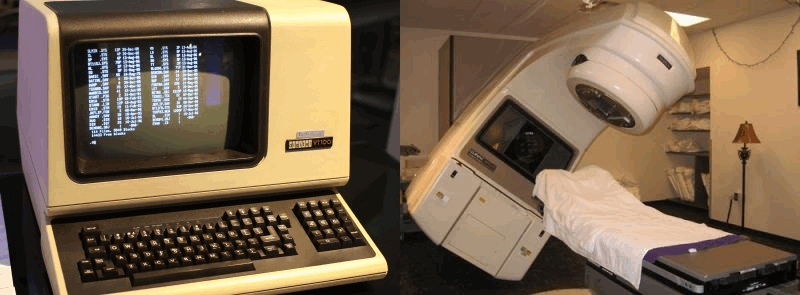 Two images side by side: on the left, the computer terminal used to control the Therac-25 radiation therapy machine, displaying text on a black screen; on the right, the Therac-25 linear accelerator positioned over a treatment table in a hospital room.
