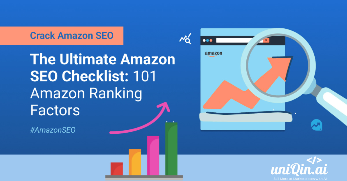 Amazon SEO checklist illustration showing titles, bullet points, and backend keywords with ranking icons Amazon SEO checklist illustration showing titles, bullet points, and backend keywords with ranking icons