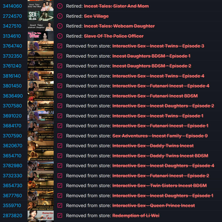 A screenshot of some games removed by Steam after an update in July 2025. They are all adult themed and deal with i-----.