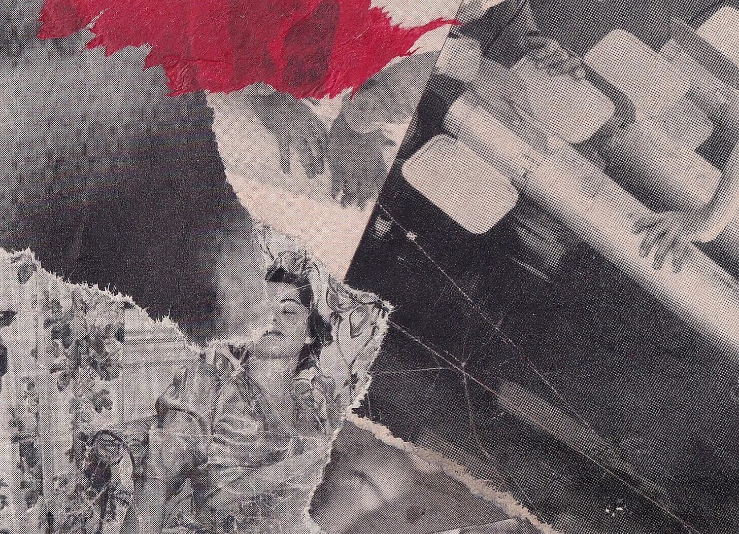 analog collage primarily composed of black and white images torn from life magazine, with a scrap of red paper at top for contrast.