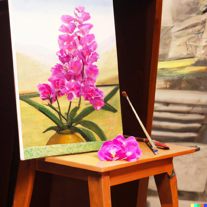 Bad paintings of fake orchids in non-existent gold vessels