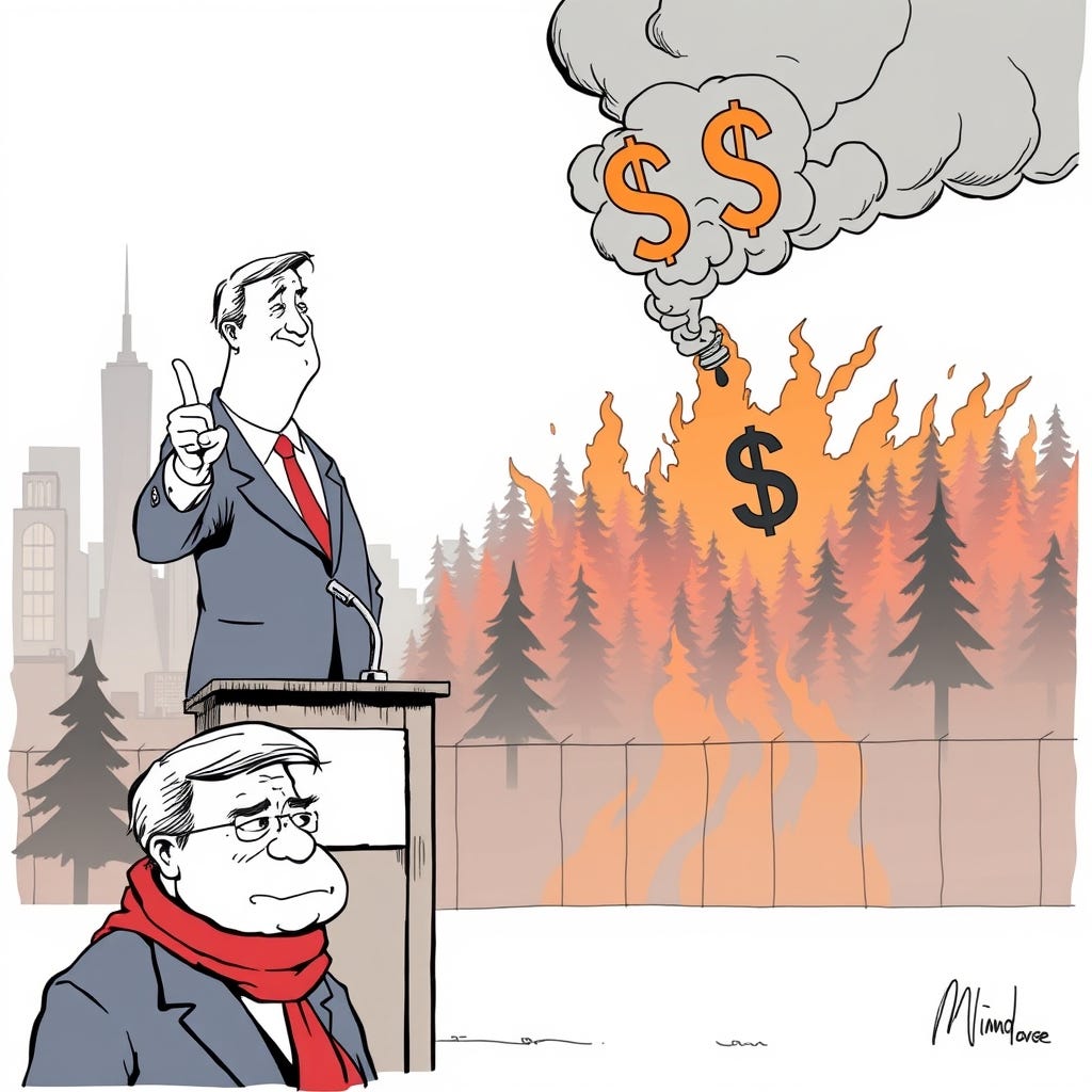 Single-panel editorial cartoon, bold ink linework and flat color, satirical style. A blustery, generic politician in an oversized suit stands at a podium built like a border customs booth, jabbing a f