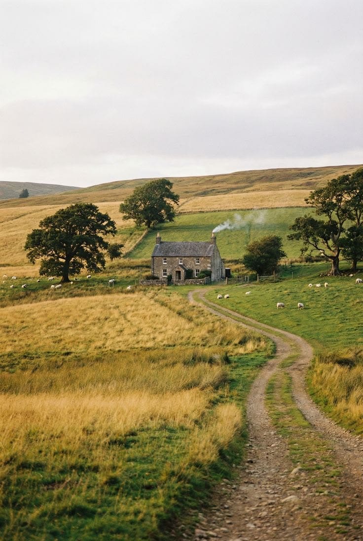 This may contain: a house in the middle of a field with sheep grazing on it and trees near by