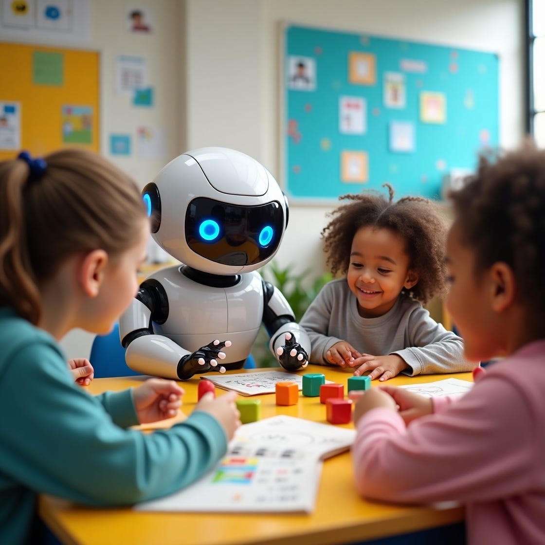 Create an image of Tim-Tim, a friendly robot with a sleek silver body and glowing blue LED eyes, sitting at a colorful table surrounded by autistic kids of different skin tones and abilities, all engaged in various learning activities, such as building blocks, puzzles, and reading books, with Tim-Tim offering guidance and support through gentle gestures and comforting facial expressions, the room filled with natural light and vibrant colors, with educational posters and visual aids on the walls, conveying a sense of warmth, inclusivity, and joy, with subtle hints of digital screens and wires in the background, symbolizing the integration of technology and human connection, as Tim-Tim helps the children develop their communication skills and confidence in a nurturing environment.