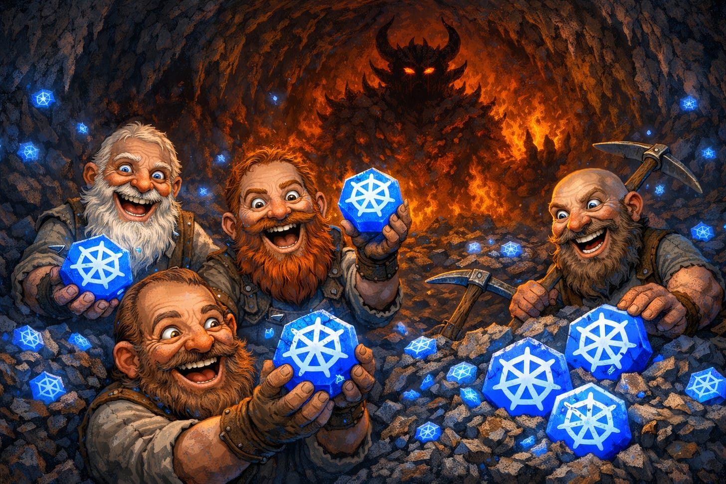 Dwarves mining in a deep cave. the dwarves all have manic, crazy expressions on their faces. They are mining gems in the shape of the kubernetes logo. In the deep background of the cave is a shadowy, demonic figure surrounded by fire. Dwarves mining in a deep cave. the dwarves all have manic, crazy expressions on their faces. They are mining gems in the shape of the kubernetes logo. In the deep background of the cave is a shadowy, demonic figure surrounded by fire.