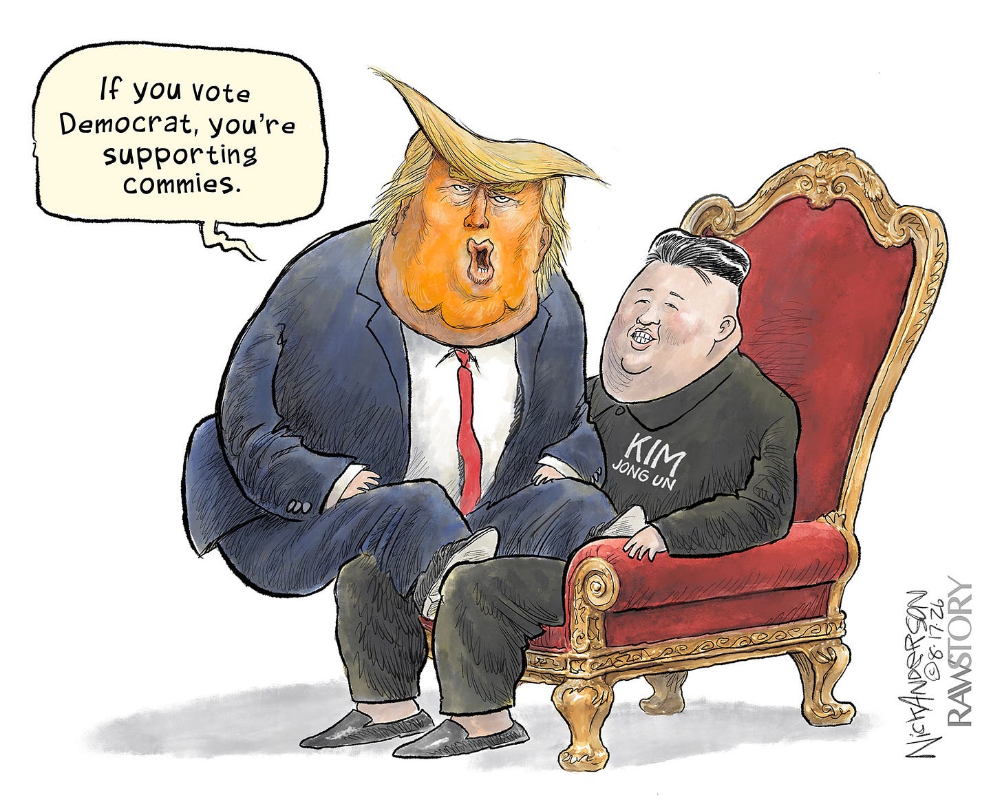 Donald Trump sits on North Korean leader Kim Jong Un’s lap. Trump says to the reader, “If you vote Democrat, you’re supporting commies.” Donald Trump sits on North Korean leader Kim Jong Un’s lap. Trump says to the reader, “If you vote Democrat, you’re supporting commies.”