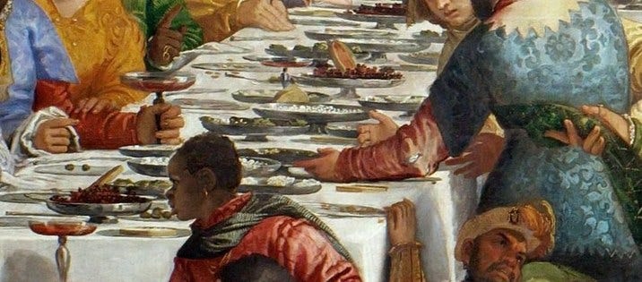Detail of the banquet table in the Wedding at Cana: a white cloth, flat and footed silver dishes holding olives, small red fruits and pale slices of candied fruit, with pale handled knives laid across the cloth Detail of the banquet table in the Wedding at Cana: a white cloth, flat and footed silver dishes holding olives, small red fruits and pale slices of candied fruit, with pale handled knives laid across the cloth