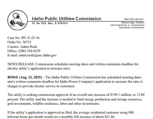 Update regarding meeting dates and written comments deadline for electric utility’s application to increase rates (08/25/25).