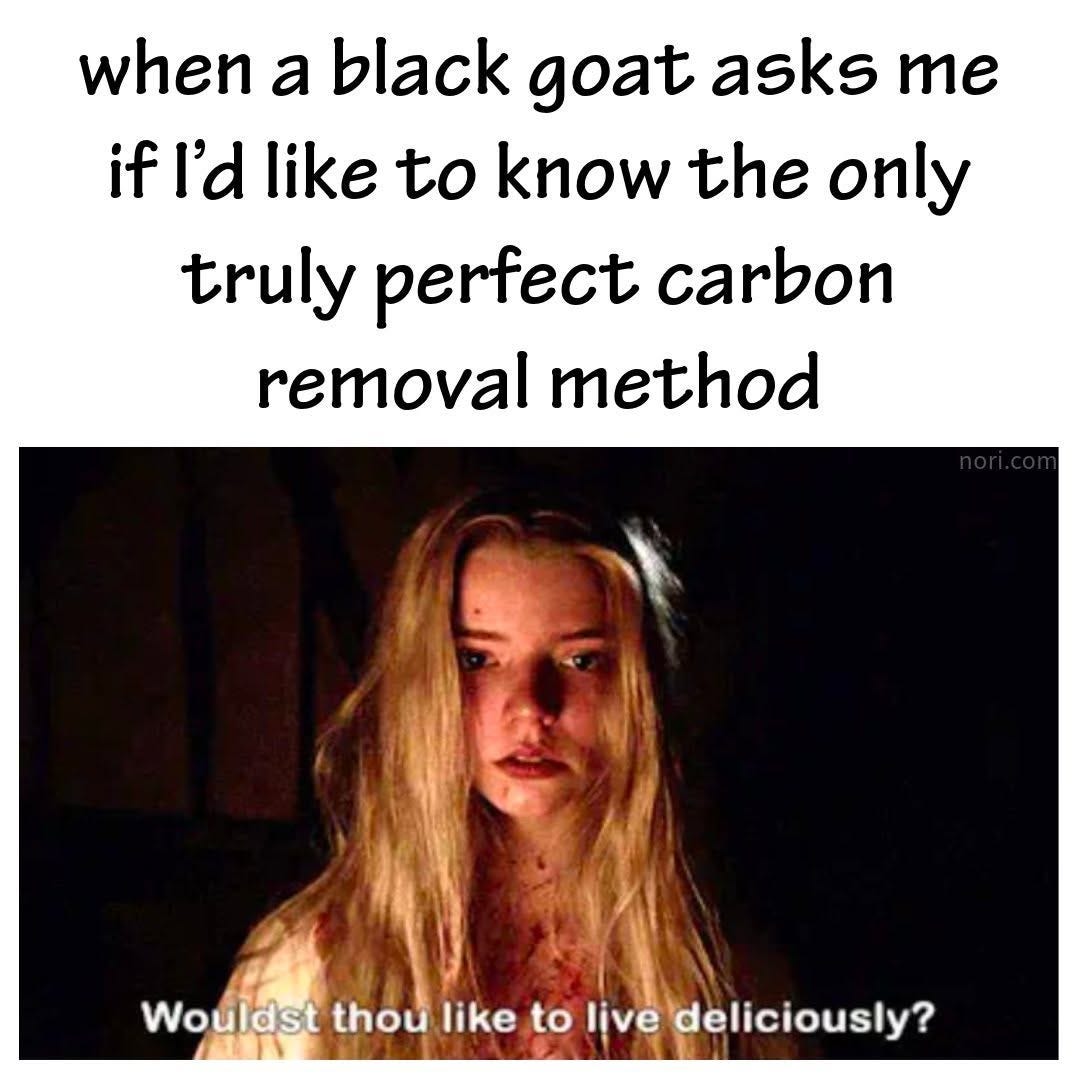 A still from The Witch of a blood-spattered young woman, under the text "when a black goat asks me if I'd like to know the only truly perfect carbon removal method". Subtitle: "Wouldst thou like to live deliciously?"