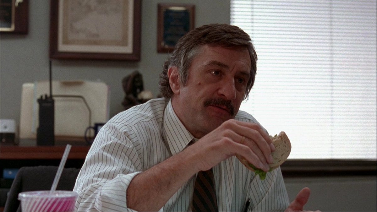 In 1997 "Copland," Robert DeNiro continued eating the sandwich he was having for lunch during his scene with Stallone's character. The idea was that eating while someone's talking would deliberately show disrespect In 1997 "Copland," Robert DeNiro continued eating the sandwich he was having for lunch during his scene with Stallone's character. The idea was that eating while someone's talking would deliberately show disrespect