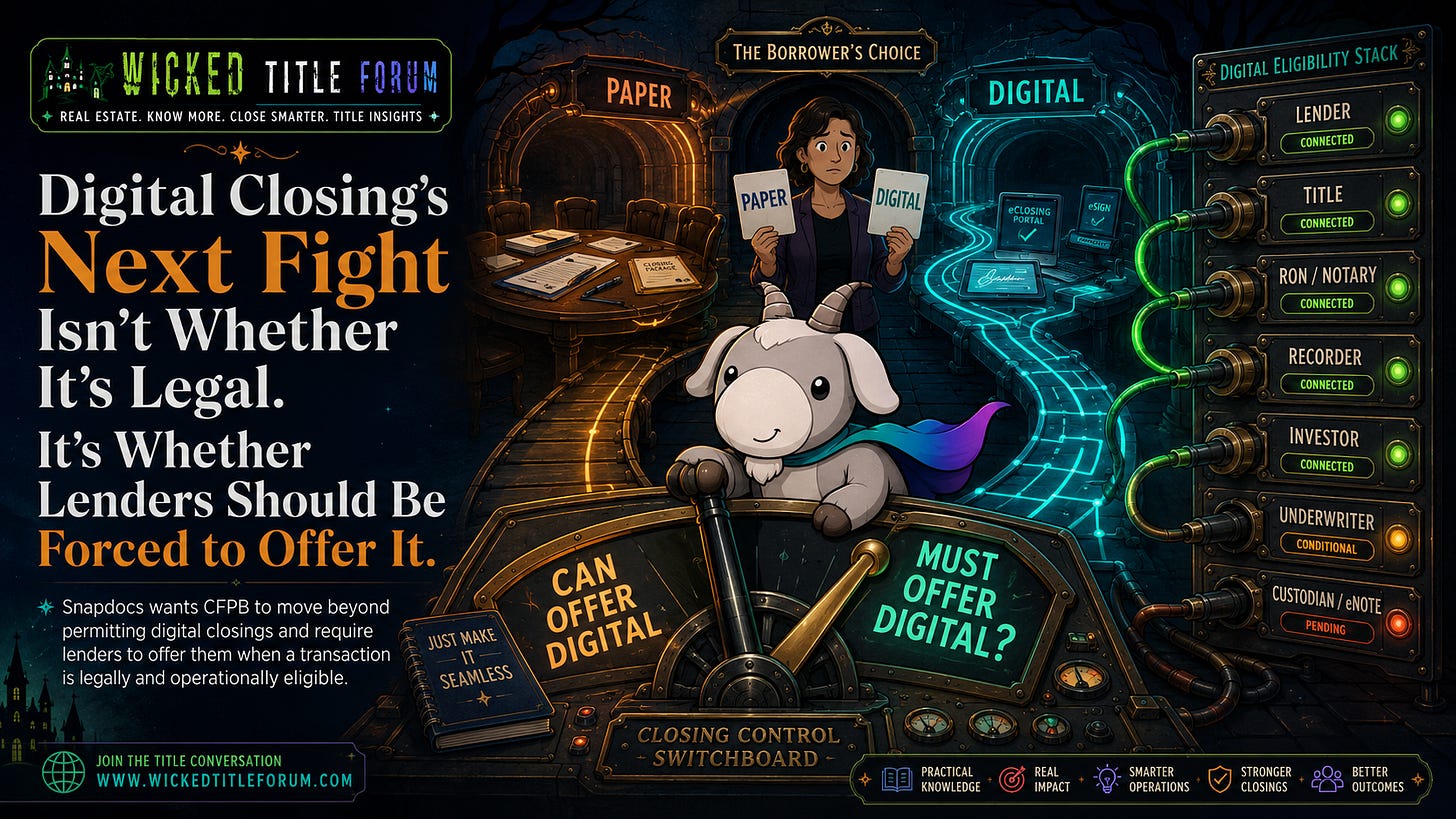 Snapdocs wants CFPB to require lenders to offer digital closings when eligible—turning eClosing from a technology option into a potential consumer right.