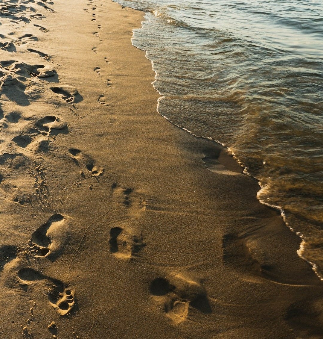 Footprints in the sand on a beach near the ocean