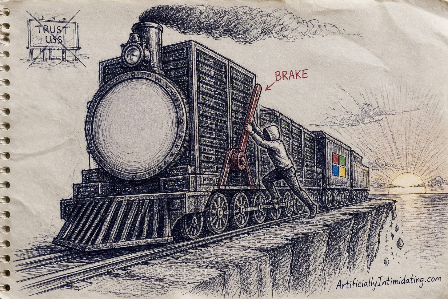 A colossal freight locomotive built of server racks races toward a cliff edge, a hoodie-wearing engineer gripping a huge red BRAKE lever on its side, a small Microsoft badge on the tender and a crossed-out TRUST US billboard.