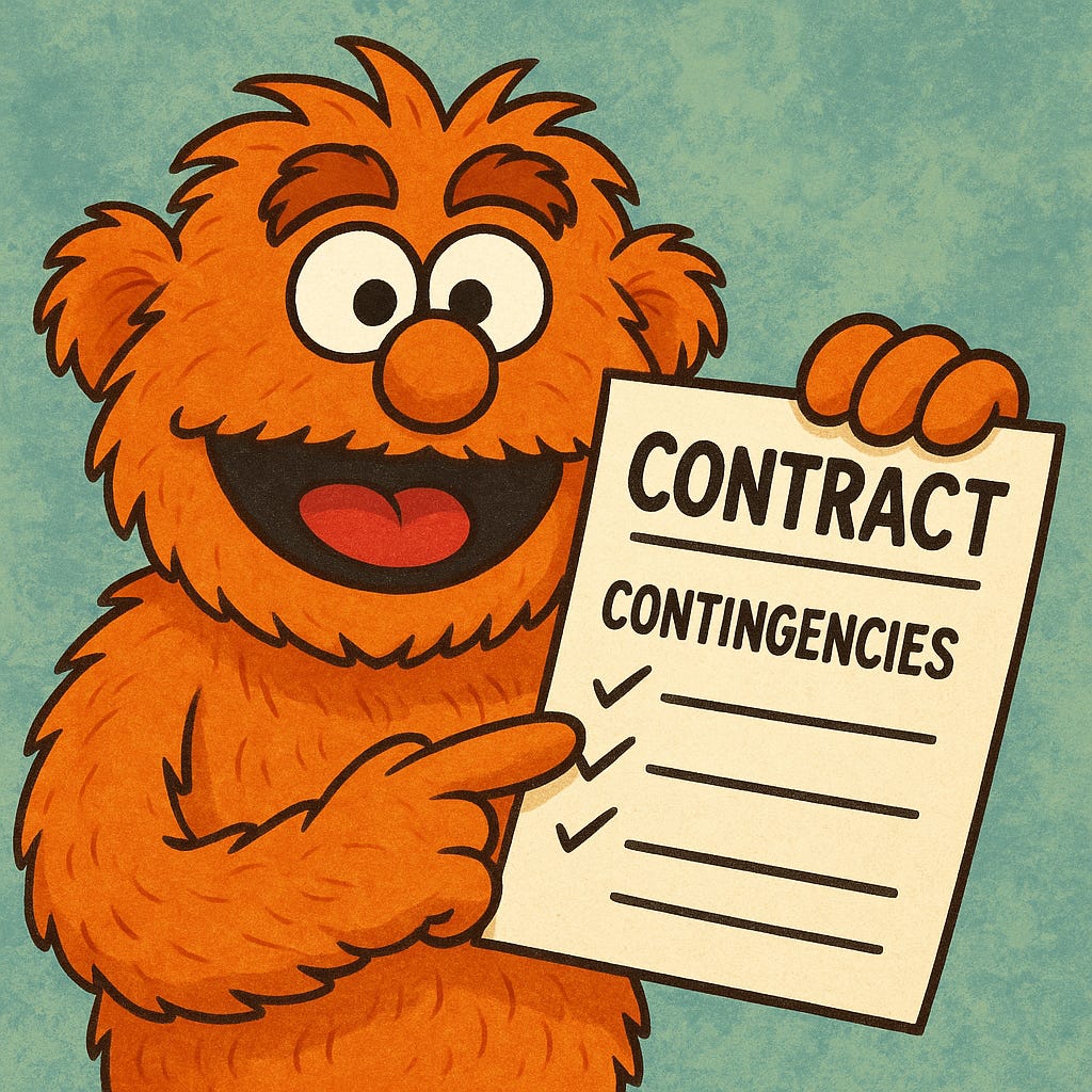 A furry orange cartoon character with wide eyes and a big smile holds up a paper labeled “CONTRACT” with “CONTINGENCIES” written underneath. The paper has checkmarks next to blank lines, symbolizing financing, appraisal, and inspection contingencies in Florida real estate contracts. This playful illustration complements an article explaining how common contract contingencies protect buyers and sellers during a home purchase. A furry orange cartoon character with wide eyes and a big smile holds up a paper labeled “CONTRACT” with “CONTINGENCIES” written underneath. The paper has checkmarks next to blank lines, symbolizing financing, appraisal, and inspection contingencies in Florida real estate contracts. This playful illustration complements an article explaining how common contract contingencies protect buyers and sellers during a home purchase.