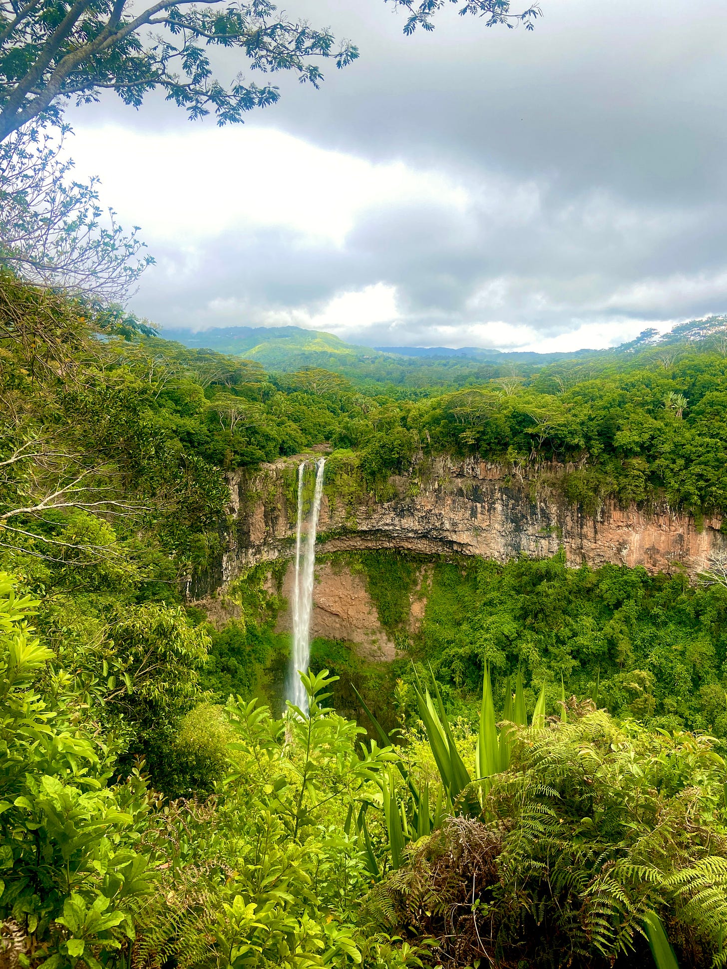 A waterfall with green backdrop on the island of Mauritius