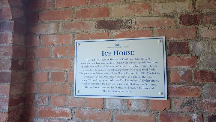 Four photos. The game larders and ice house at Sherborne Castle and Gardens. The sign tells us more about the ice house. There are gratings over the steep drop into the bottom of the ice house where the ice was stored. Images: Roland's Travels