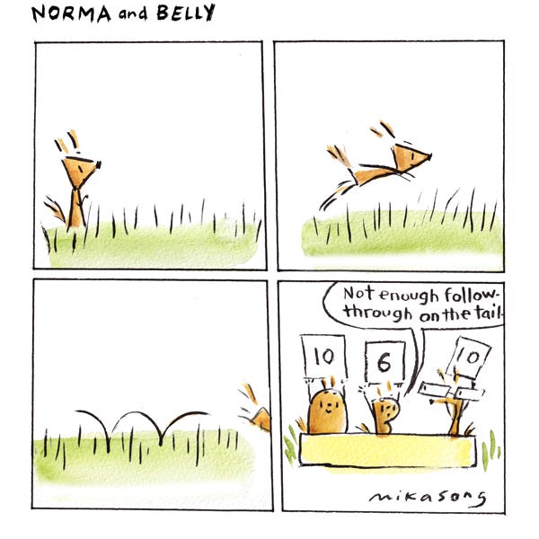 Norma the squirrel hops across the field of grass. Belly holds up a board with the number 10 on it. Little Bee holds up a 6. Gramps also holds up a 10 and looks at Little Bee. Little Bee says, “Not enough follow-through on the tail.”
