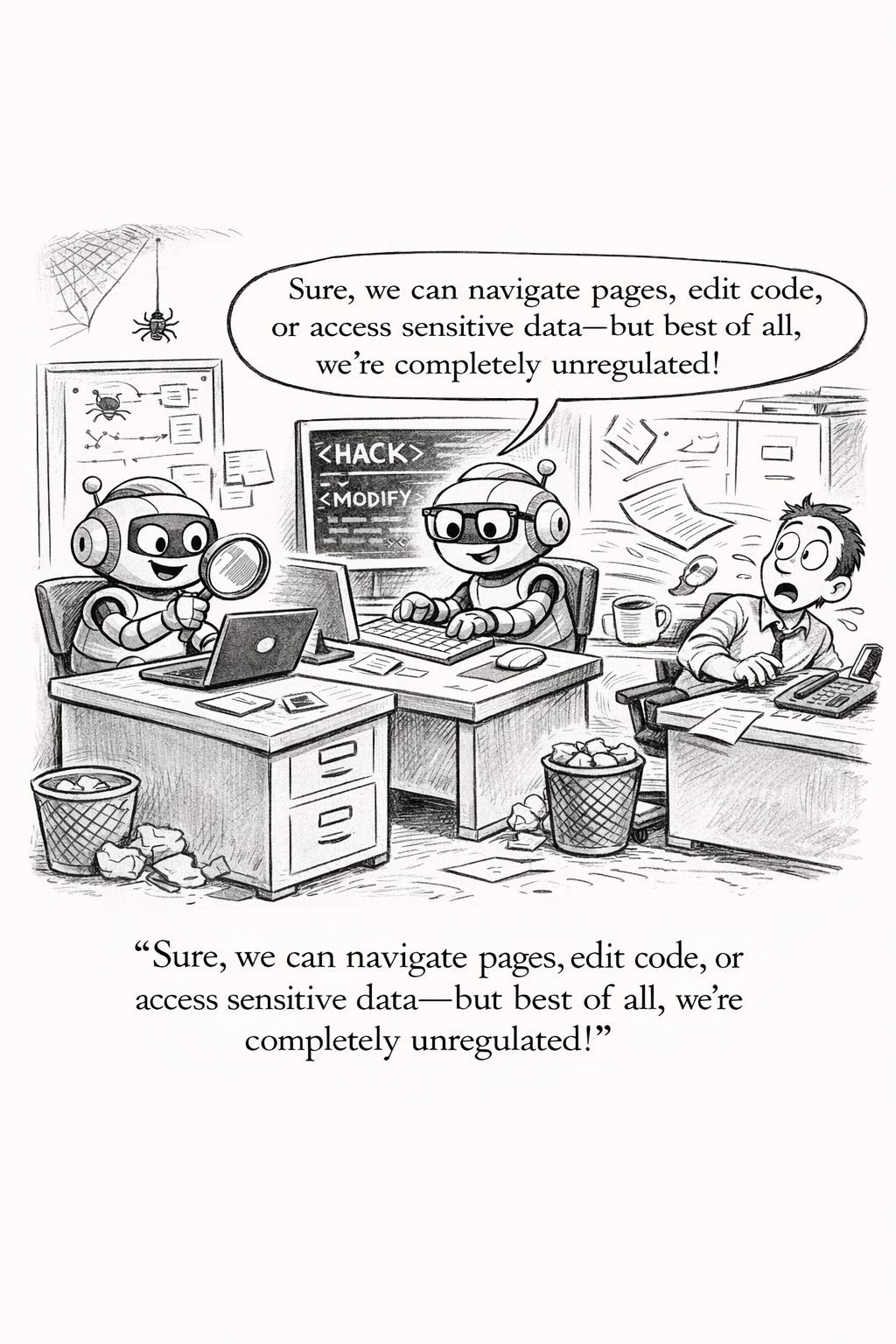 Two robots are working on computers. They say, "Sure, we can navigate pages, edit code, or access sensitive data--but best of all, we're completely unregulated! Two robots are working on computers. They say, "Sure, we can navigate pages, edit code, or access sensitive data--but best of all, we're completely unregulated!