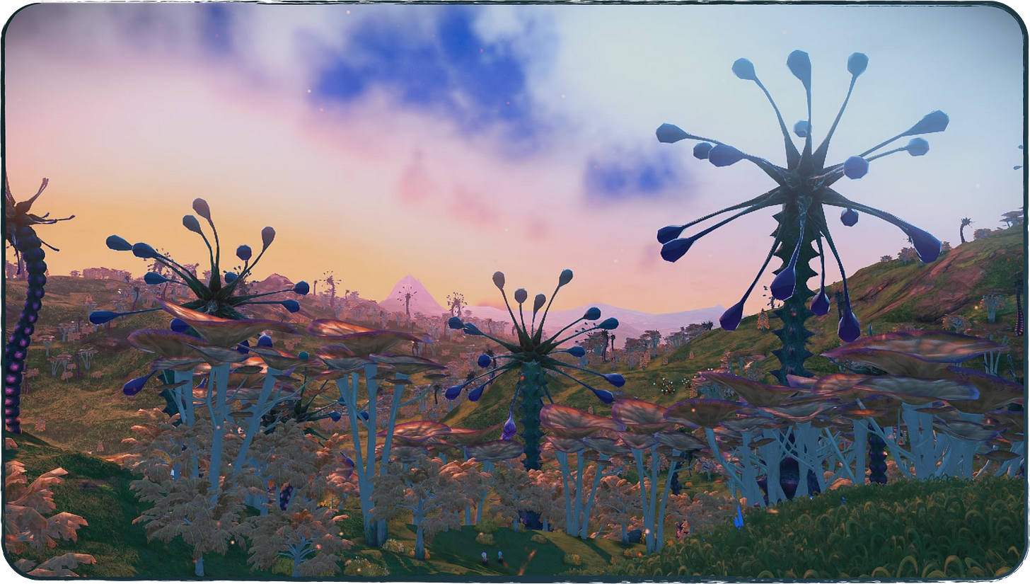 Incredible sunset on an alien planet in No Man's Sky.