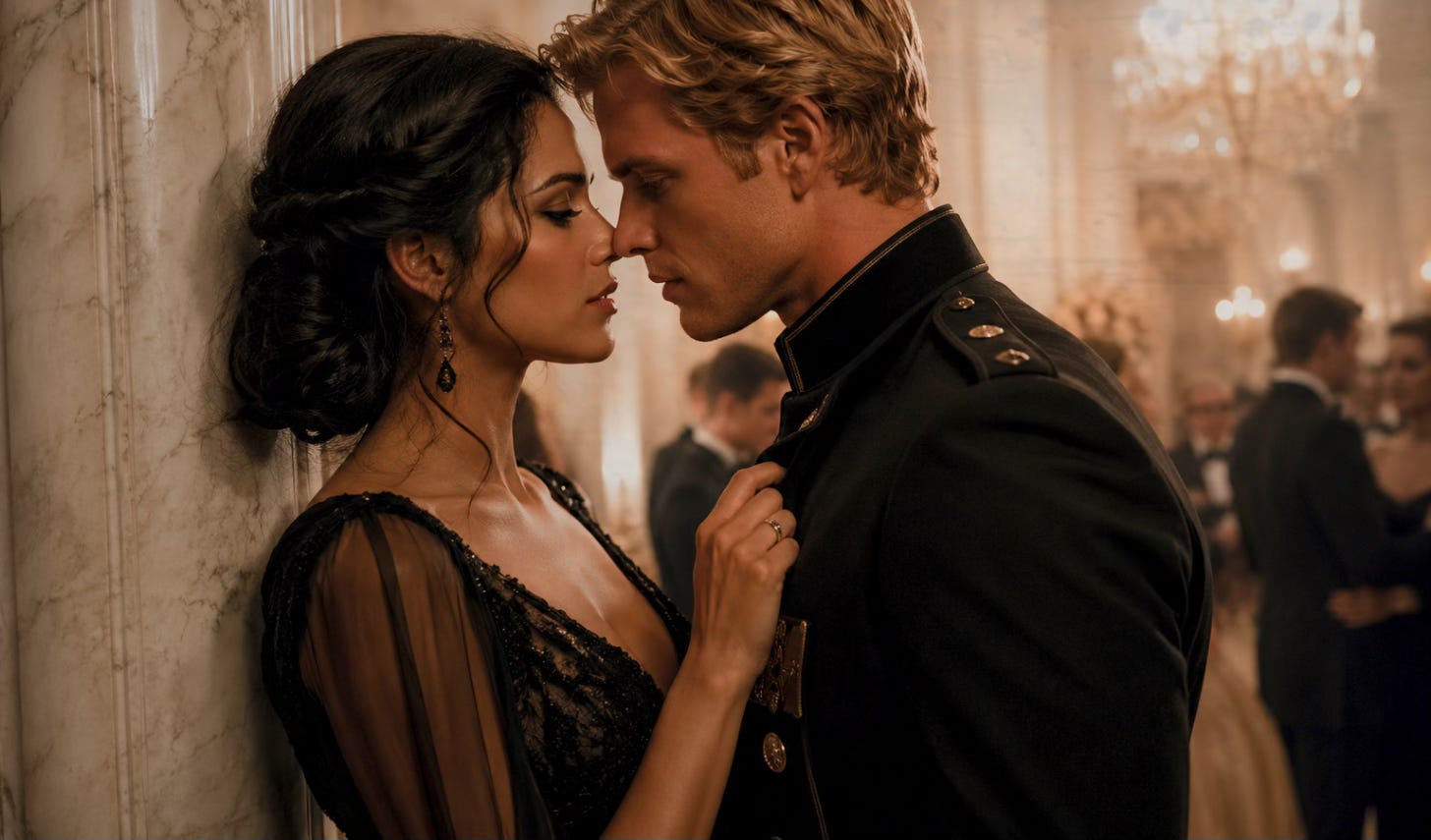 A dark-haired young woman in an elegant black gown stands pressed against a marble column while a blond military officer leans close, their faces inches apart during a lavish palace reception glowing with chandelier light in the background. A dark-haired young woman in an elegant black gown stands pressed against a marble column while a blond military officer leans close, their faces inches apart during a lavish palace reception glowing with chandelier light in the background.