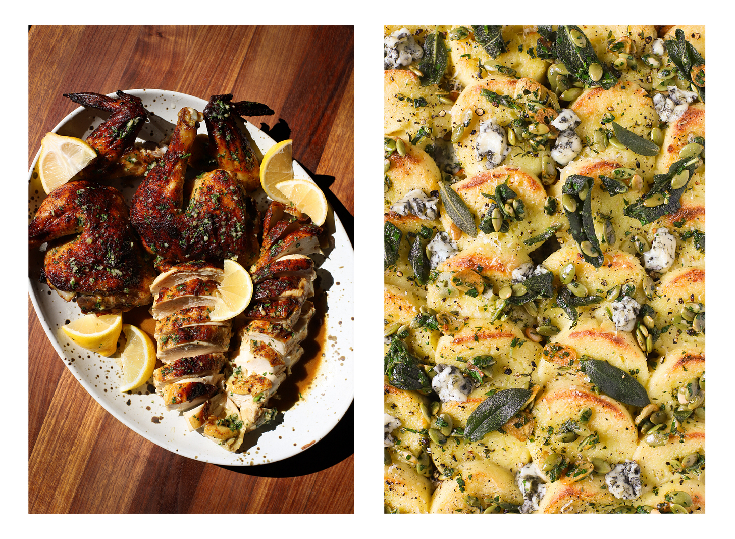 Left: Methi-Malai Roast Chicken; Right: Semolina Gnocchi with Winter Squash, Blue Cheese & Sage
