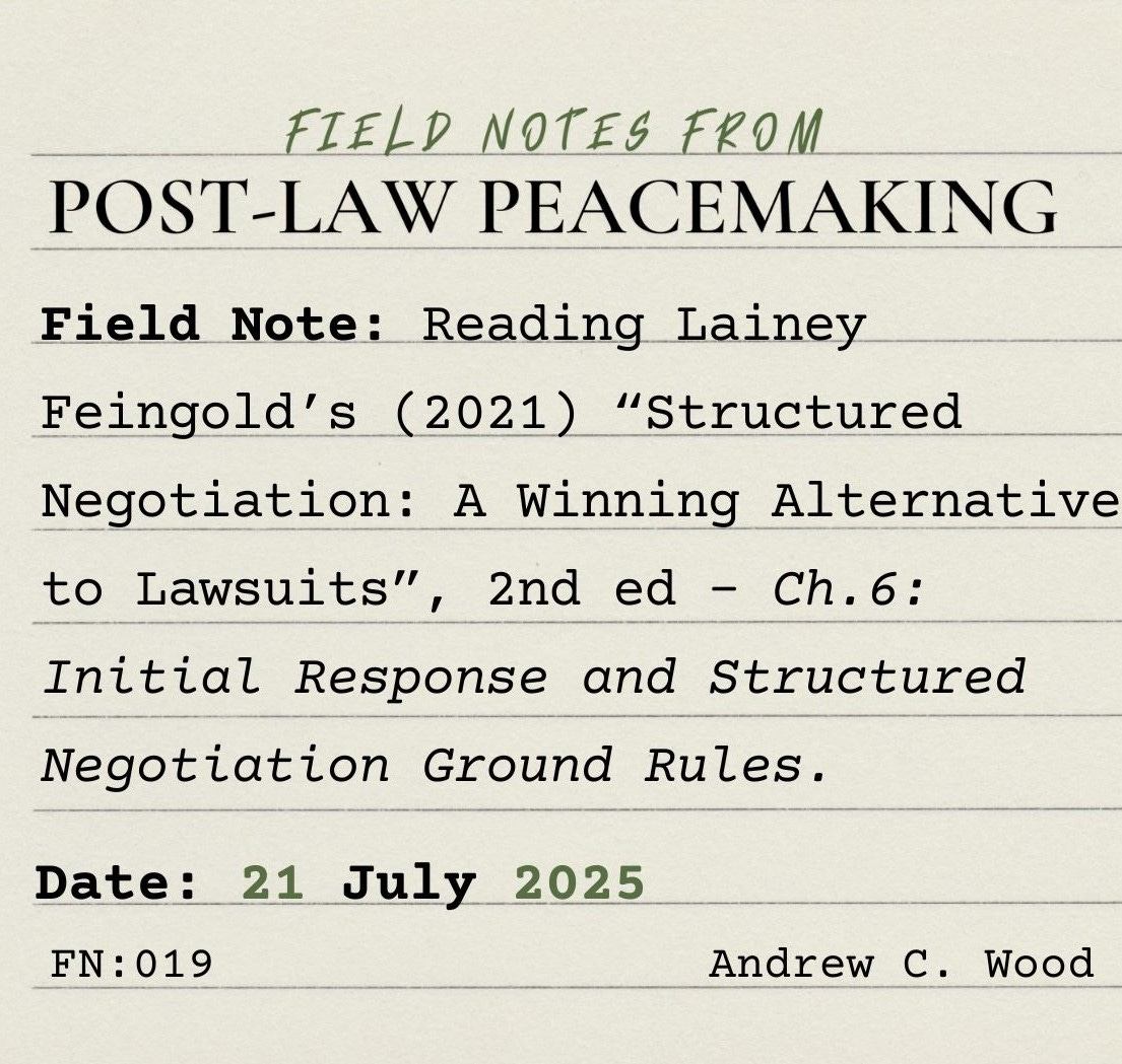 A square lined index card on which is typed: “Field Notes from Post-Law Peacemaking. Field Note: Reading Lainey Feingold’s (2021) “Structured Negotiation: A Winning Alternative to Lawsuits”, 2nd ed - Ch.6: Initial Response and Structured Negotiation Ground Rules. Date: 21 July 2025. FN:019. Andrew C. Wood
