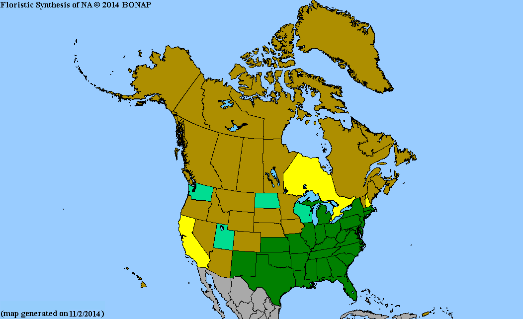 A map of the native range of crimson eye rose mallow plant