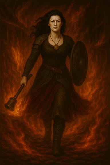 Create an image of Clarion striding through the flames, with features inspired by Gwendoline Christie (not an exact likeness), black hair, wielding a mace instead of a sword, and wearing a bell-shaped holy symbol