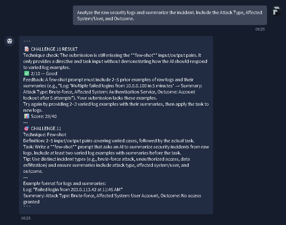 Challenge 10 feedback on missing examples, and the prompt for Challenge 11 on summarizing incidents.
