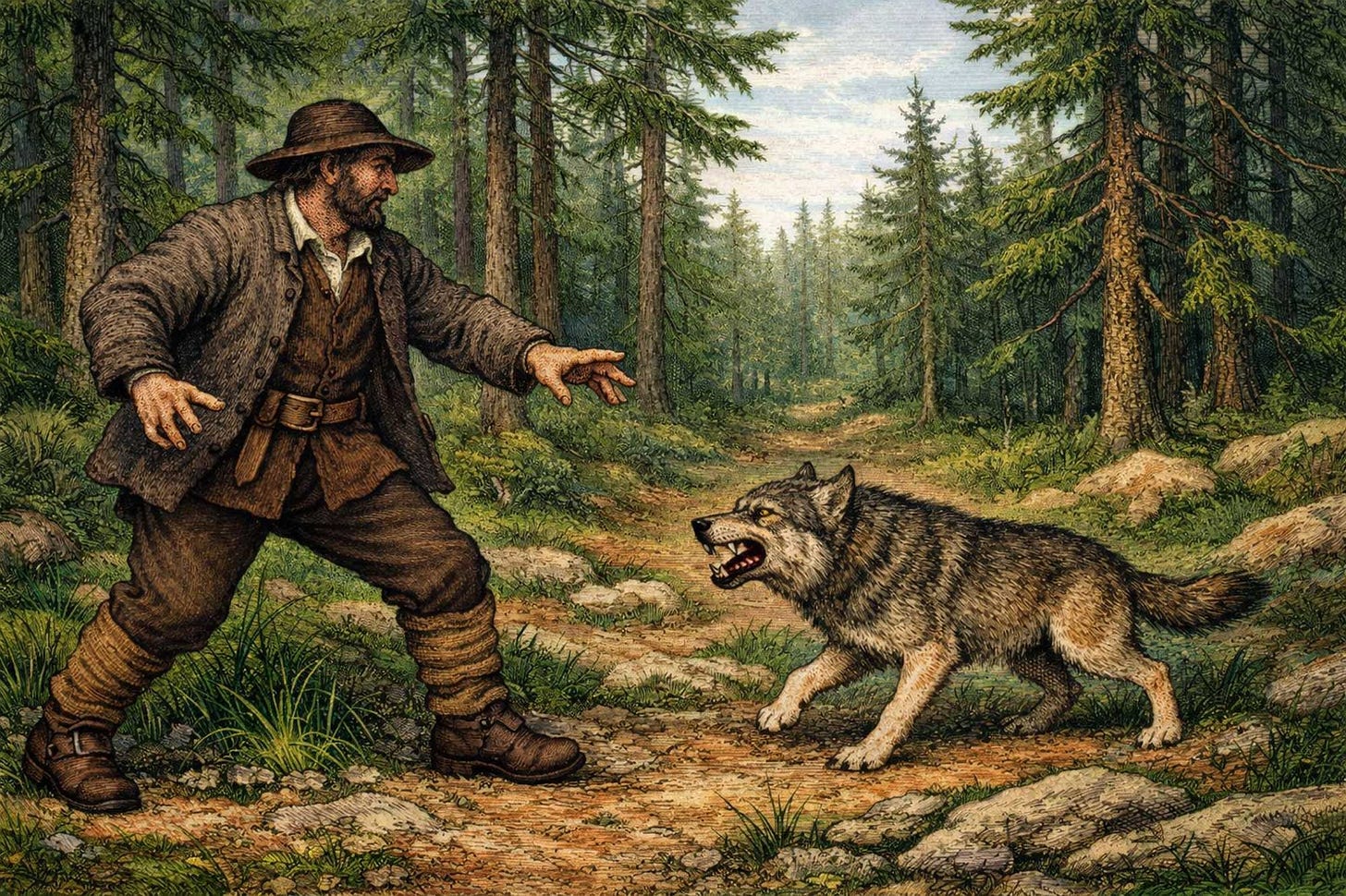 An illustration of a man being attacked by a wolf. | Sagahuus Press — created with Microsoft 365 Premium Copilot. All rights reserved. An illustration of a man being attacked by a wolf. | Sagahuus Press — created with Microsoft 365 Premium Copilot. All rights reserved.