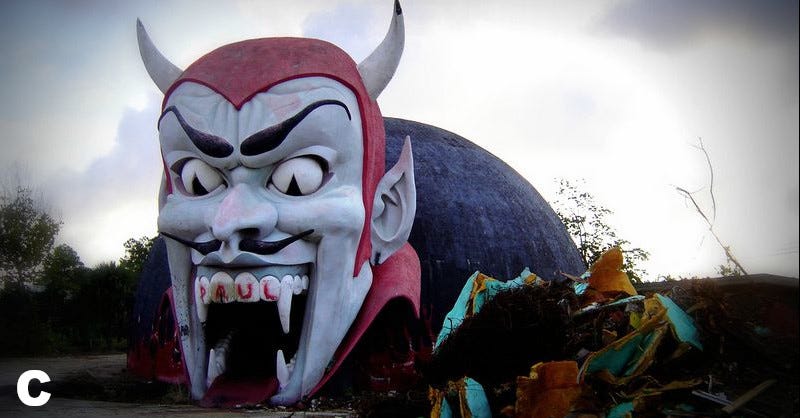 Entrance to a house of horrors through the devil's fanged mouth, ominous dangerous