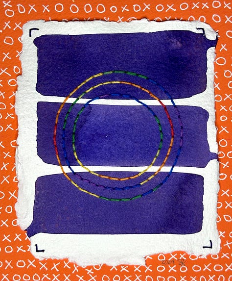 nine abstract paintings made with watercolor on cotton paper with Sashiko thread.