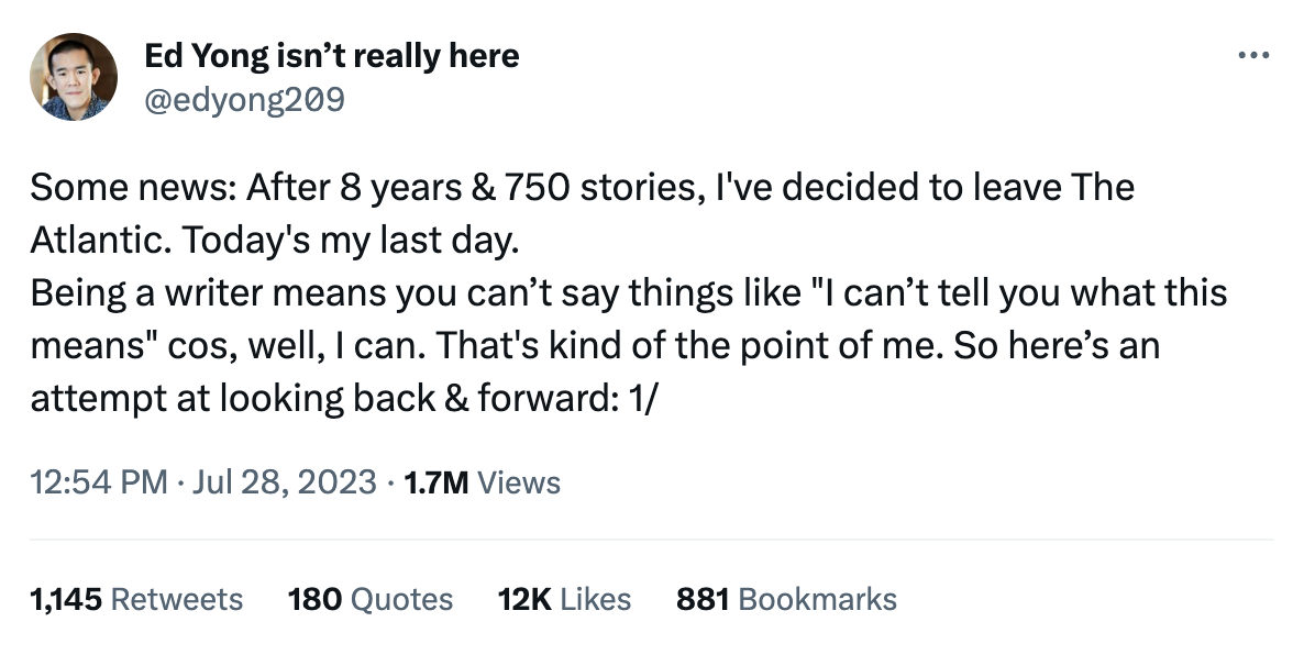 Screencap of Ed Yong's tweet announcing he's leaving The Atlantic