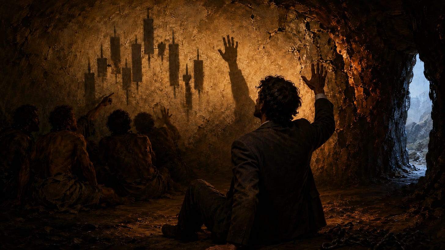 Painterly oil-style cave scene: a man in a modern suit sits with broken chains beside him, his hand raised against the wall, looking up at his own shadow among candlestick chart shadows. Other chained prisoners argue about the chart shadows behind him. A cave exit with daylight is visible at right.