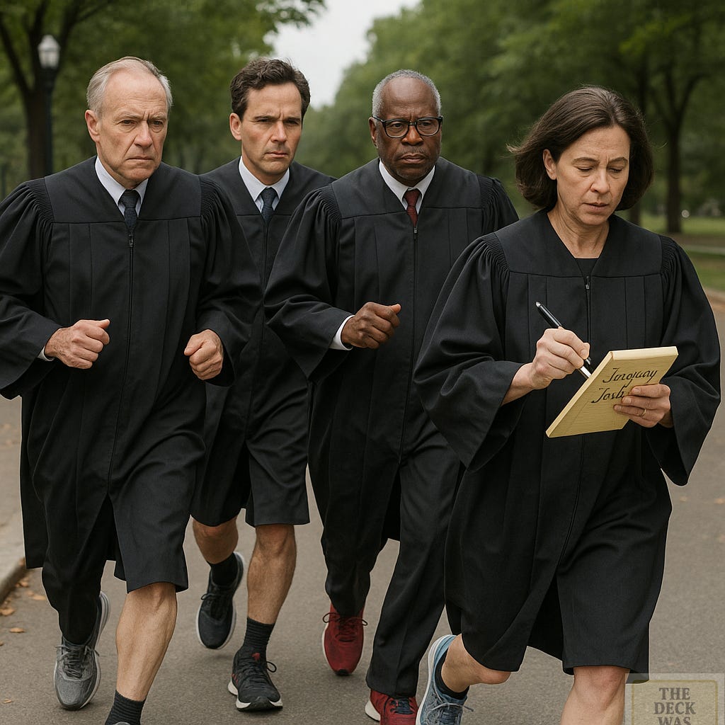 Judges jogging in robes, shorts, and tennis shoes. Judges jogging in robes, shorts, and tennis shoes.