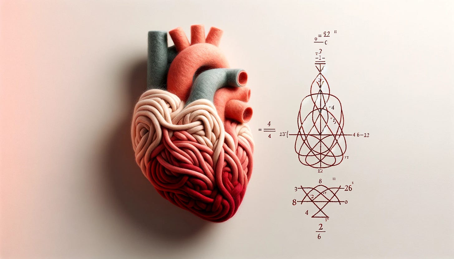 An updated minimalistic woolen art depiction of a 3D CT scan of the heart, accompanied by a sophisticated mathematical formula representing an algorithm. The heart, crafted from soft, overlapping wool layers in various shades of red and pink, is set against a simple background. Beside it, a complex and elegant mathematical formula is displayed, symbolizing the algorithm used to analyze the heart's structure. This formula adds a layer of scientific intrigue to the artistic representation, blending the worlds of art and science. An updated minimalistic woolen art depiction of a 3D CT scan of the heart, accompanied by a sophisticated mathematical formula representing an algorithm. The heart, crafted from soft, overlapping wool layers in various shades of red and pink, is set against a simple background. Beside it, a complex and elegant mathematical formula is displayed, symbolizing the algorithm used to analyze the heart's structure. This formula adds a layer of scientific intrigue to the artistic representation, blending the worlds of art and science.