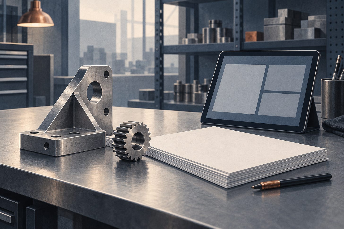 Illustration of a metal bracket, gear, blank paper and tablet on a workshop bench. Illustration of a metal bracket, gear, blank paper and tablet on a workshop bench.