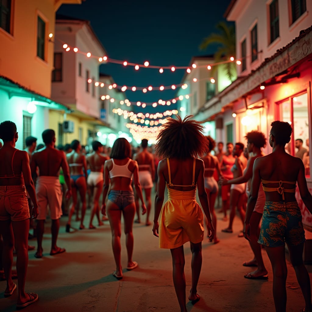A vibrant Jamaican ghetto street at night, bathed in the warm glow of colorful string lights, as speakers pulsate with infectious dancehall rhythms. Women in bold, vibrant batty riders and statement-making hairstyles, lose themselves in the music, their bodies swaying with abandon, as they dance and wine with unbridled energy, their movements fluid and expressive. The crowd, a diverse tapestry of ages and backgrounds, is electric, with some cheering and others dancing, all united in their love of the music and the moment. The urban landscape is a kaleidoscope of textures and colors, with graffiti-covered walls, and small, aromatic food stalls wafting the enticing scents of jerk chicken and patties.