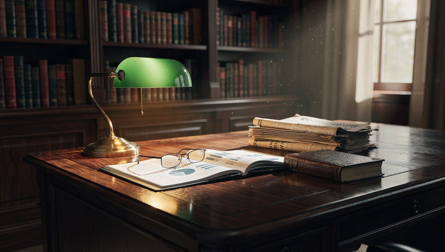 A majestic, classic private library with floor-to-ceiling mahogany bookshelves overflowing with books. In the center, a polished wooden desk with a vintage brass lamp emitting a warm, golden glow. On the desk, a pair of classic reading glasses rests on an open financial report, next to a stack of old newspapers and a leather-bound book. Soft sunlight filtering through a window with dust motes dancing in the air. Cinematic lighting, photorealistic, 8k resolution, atmosphere of wisdom, patience, and intellectual depth, highly detailed textures.