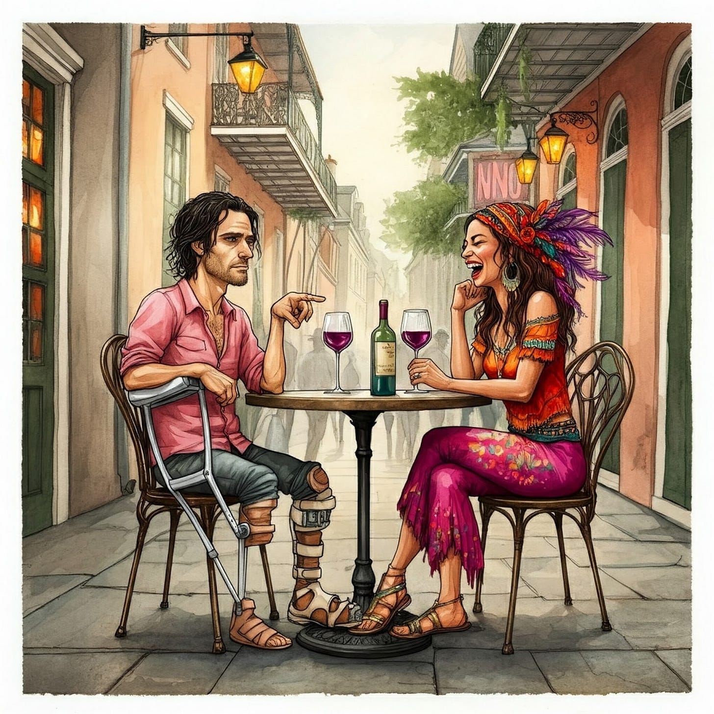 Gabriel Gaudin at an outdoor table with a lady friend, sharing laughs.