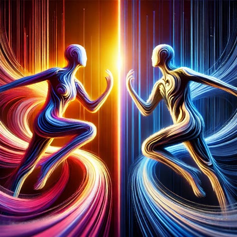 A Dance Between Two Worlds: Two figures representing “Broad” and “Narrow” standing opposite each other but in sync, symbolizing the dance between exploration and focus. High detail, abstract, surrealistic, with vibrant lighting contrasts.