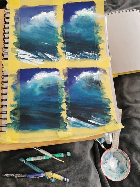Various working set ups, experiments, and artworks made with the art materials my body no longer tolerates.