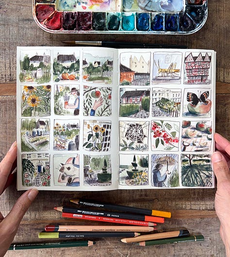 sketchbook pages showing illustrations for a visual journaling workshop about working small. the pages have illustartions like a children's picture book